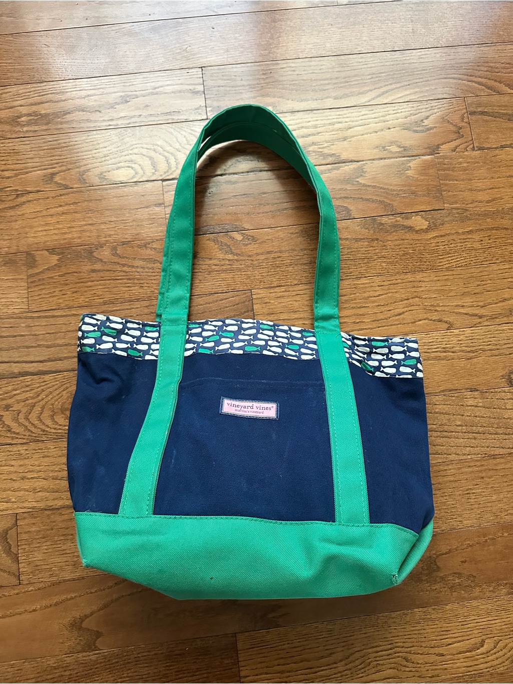 Vineyard Vines Navy Green Preppy Whale Tote 17x12 Rare